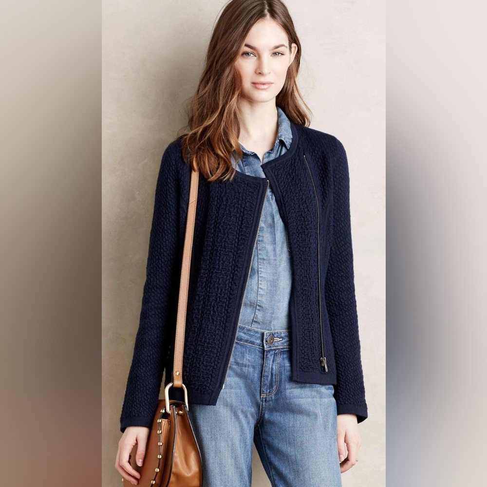 Anthropologie Angel of the North Navy Blue Knit Moto Jacket Cardigan Soft Girl